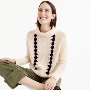 J. Crew Embellished Cable Knit Turtleneck Sweater Wool Fisherman Size L Preppy